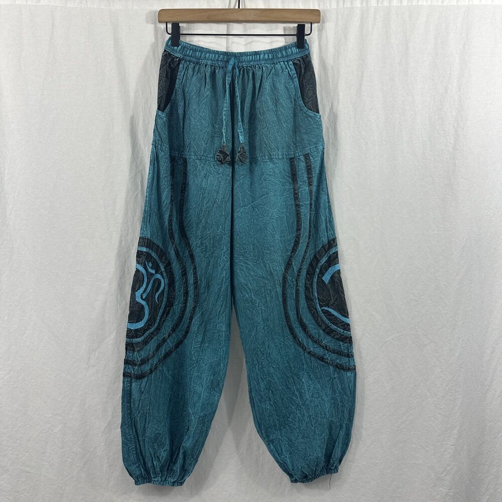 Threadheads Artsy Hippie Boho Blue Unisex Harem Pants Sz M 100% Cotton